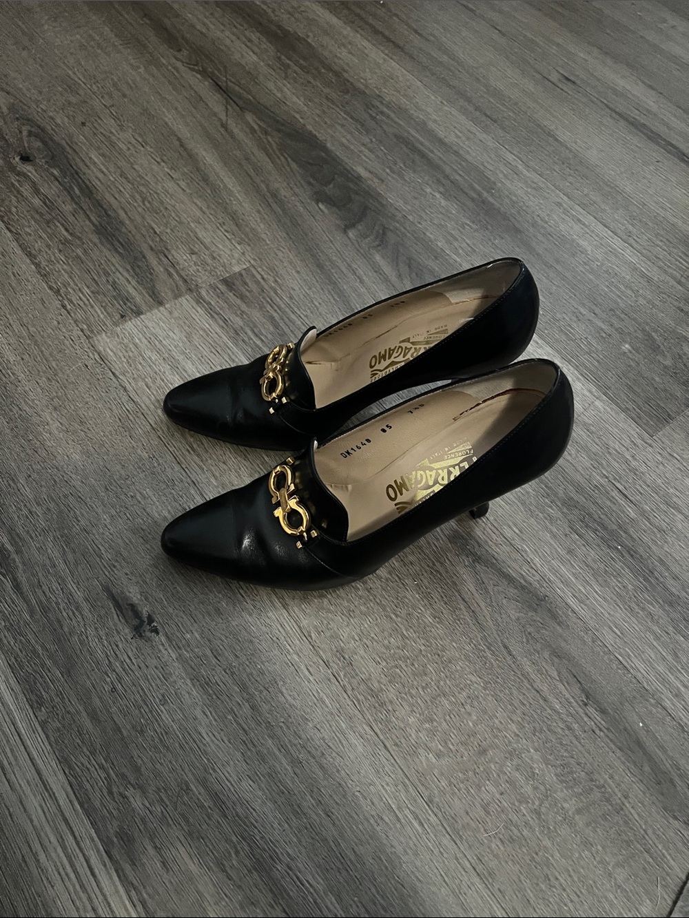Salvatore Ferragamo Black Leather Pointed Toe Pumps with Gold Hardware